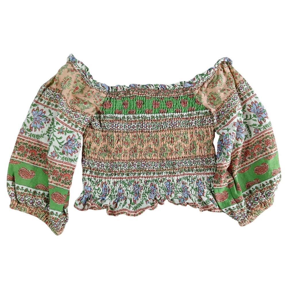 Zara Shirt Womens Small Pink Green Paisley Floral Ruched Cropped Blouse Peasant